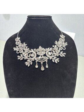 Crystal Floral Statement Necklace With Teardrop Pendants Silver-Tone Metal